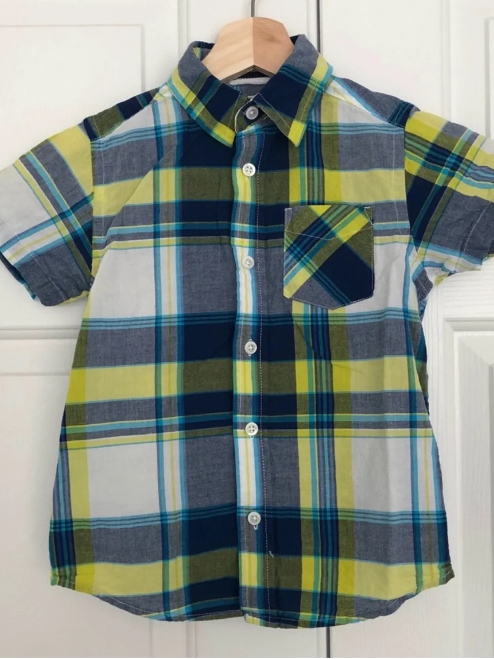 The Children’s Place Boys Plaid Button Front Shirt Size 4 Blue Green Yellow